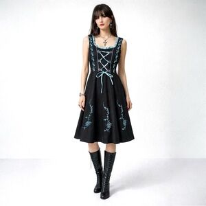 Gaudi Leathers Dress Black Blue Lace Up Ren Faire Whimsigoth Fit & Flare 34
-